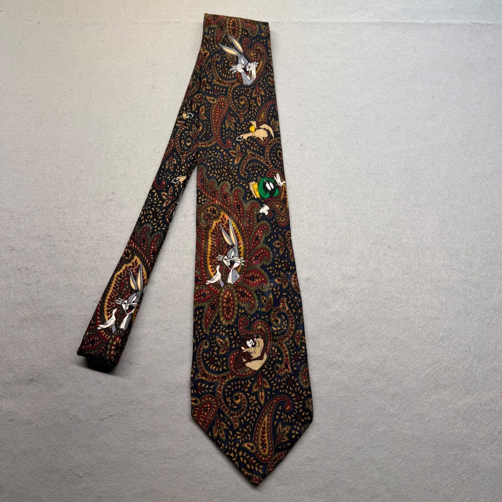 Looney Tunes Tie Mens OS Blue Paisley Mania Bugs Bunny Marvin Silk Vintage 1994